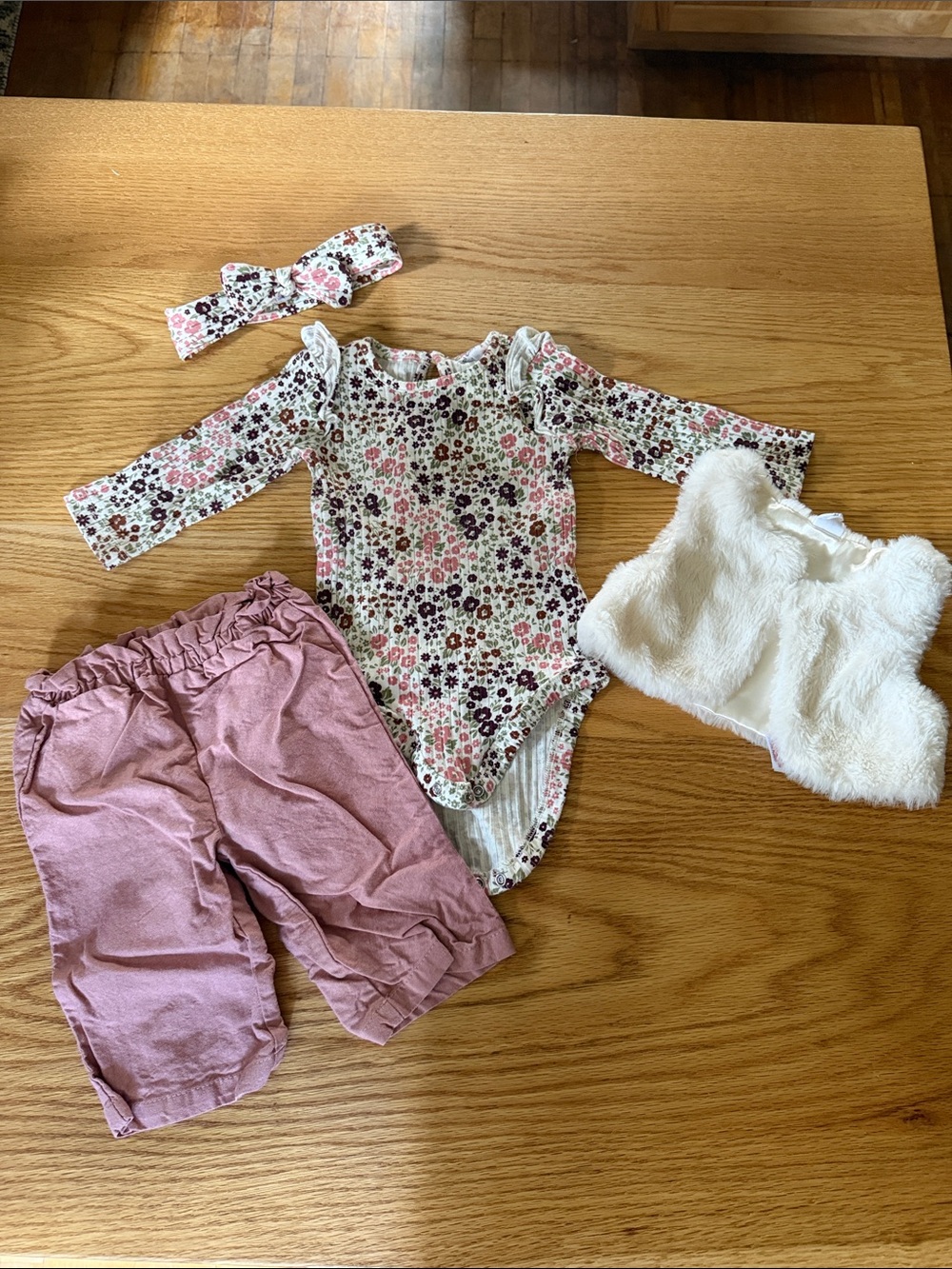 Floral Pink Baby Girls Matching Set with Faux Fur Vest - 6M